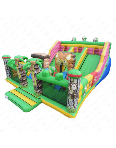 Hot Sale 45x30 ft Animal World Theme Inflatable Bouncy Slide Obstacle Course Activity Center for Garden or School Use